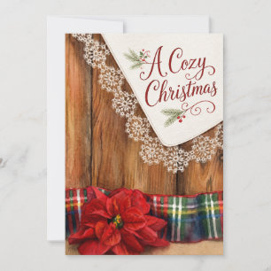 Een Kerst met een knusse, rustieke rode poinsettia Feestdagenkaart