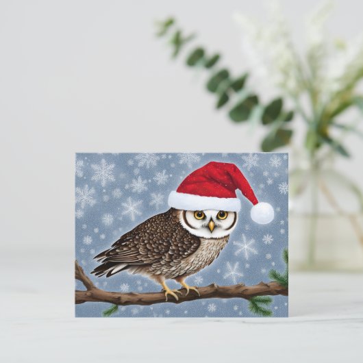 Een kerst uil op een blauwe achtergrond feestdagenkaart (Staand voorkant)