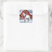 Een Kerst Wit Paard en Winter Schuur Kerstmis Vierkante Sticker (Tas)