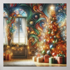 Een Kerstboom in Retro Stijl Met Cadeaus Tegen de Poster