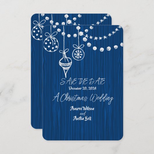 Een Kerstbruiloft Witte Krijt Design op Blauw Save The Date (Voorkant / Achterkant)