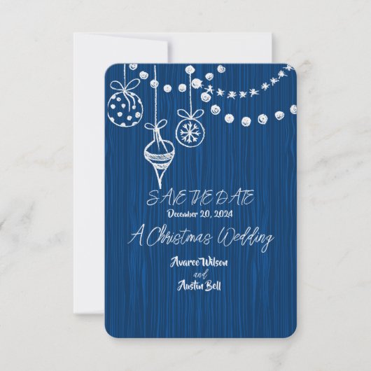 Een Kerstbruiloft Witte Krijt Design op Blauw Save The Date (Voorkant)