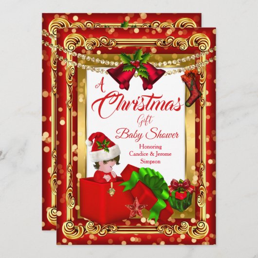 Een kerstcadeautje Baby shower Red Gold Kaart (Voorkant / Achterkant)