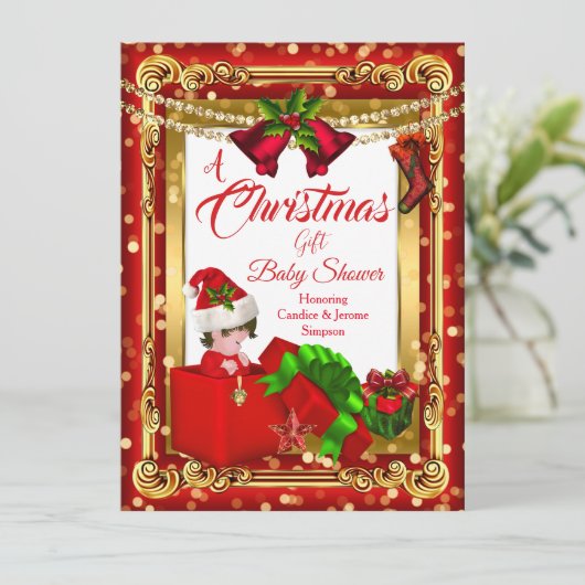 Een kerstcadeautje Baby shower Red Gold Kaart (Staand voorkant)