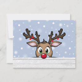 Een Kerstkaart met een rendier met een rode neus
