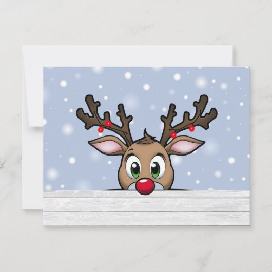 Een Kerstkaart met een rendier met een rode neus (Voorkant)