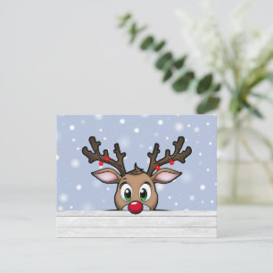 Een Kerstkaart met een rendier met een rode neus