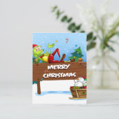 Een kerstkikker boven het kerstbord feestdagenkaart (Staand voorkant)