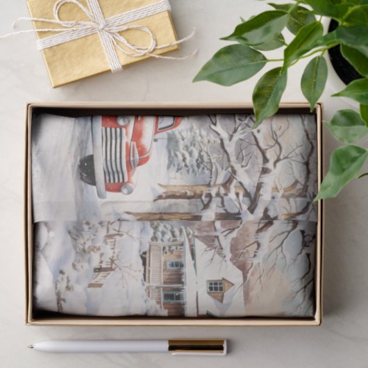 Een kerstscène compleet met rode vrachtwagen tissuepapier (Geschenk)