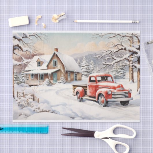 Een kerstscène compleet met rode vrachtwagen tissuepapier (Craft)