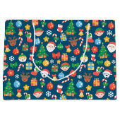 Een keurig kerstpatroon op blauw groot cadeauzakje (Voorkant)