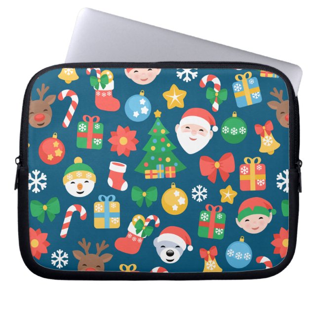 Een keurig kerstpatroon op blauw laptop sleeve (Voorkant)