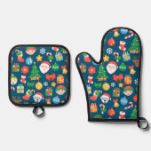 Een keurig kerstpatroon op blauw ovenwant & pannenlap set (Voorkant)
