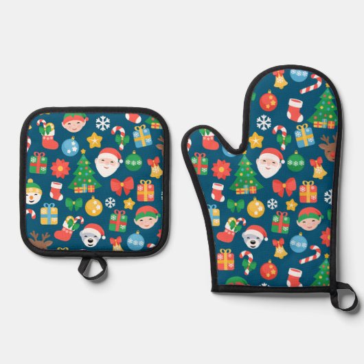 Een keurig kerstpatroon op blauw ovenwant & pannenlap set (Voorkant)