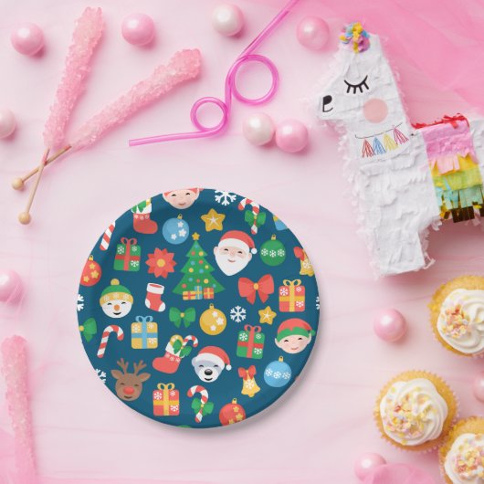 Een keurig kerstpatroon op blauw papieren bordje (Feest)