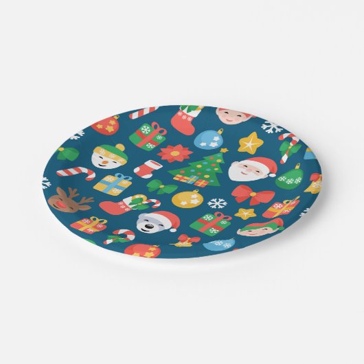 Een keurig kerstpatroon op blauw papieren bordje (Gekanteld)