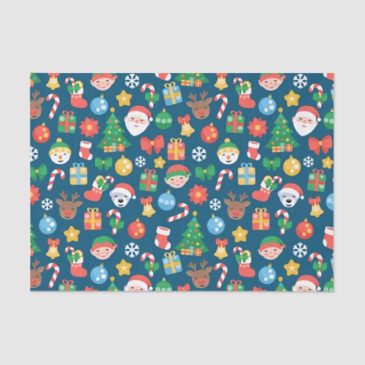 Een keurig kerstpatroon op blauw tissuepapier (Voorkant)