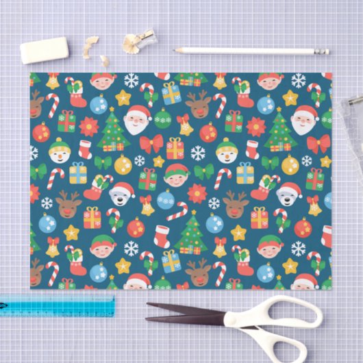 Een keurig kerstpatroon op blauw tissuepapier (Craft)