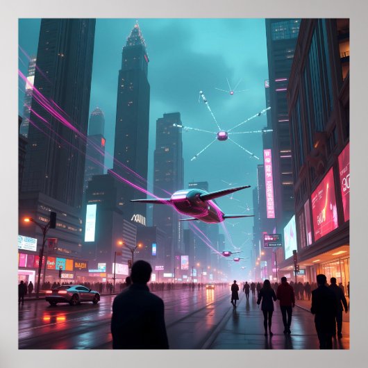 Een kijkje in het futuristische stadsbeeld AI Poster (Voorkant)