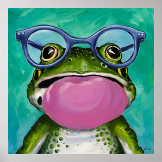 Een kikker die een bril draagt en een roze bel bla poster