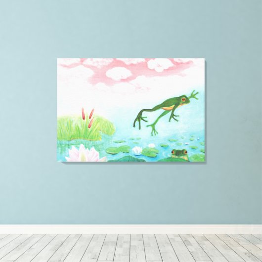 Een kikker springt in de afbeelding van de Pond Canvas Afdruk (Insitu (Houten vloer))