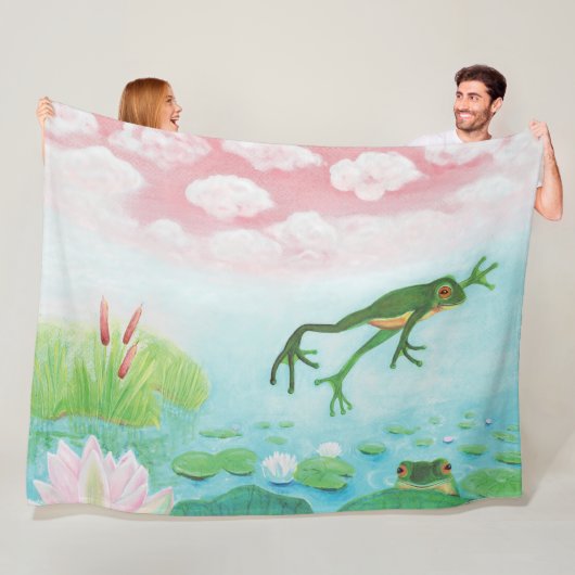 Een kikker springt in de afbeelding van de Pond Fleece Deken (In situ)