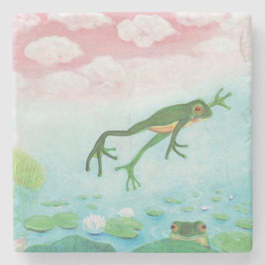 Een kikker springt in de afbeelding van de Pond Stenen Onderzetter (Voorkant)