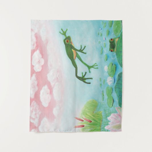 Een kikker springt in de afbeelding van de Pond Wandkleed (Voorkant)