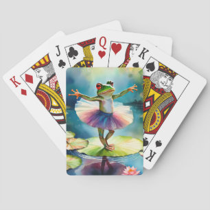 Een kikkerballerina danst op een lotusblad in een  pokerkaarten