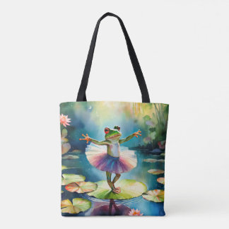 Een kikkerballerina danst op een lotusblad in een tote bag