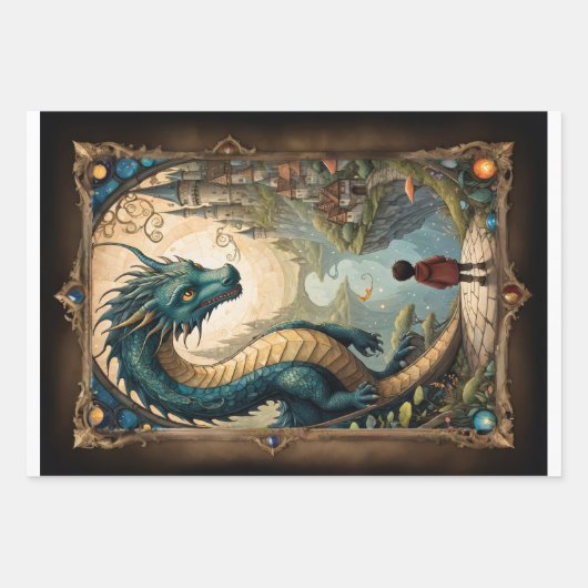 Een kind en draken in fantasiewereld inpakpapier vel (Voorkant 3)