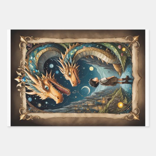 Een kind en draken in fantasiewereld inpakpapier vel (Voorkant 2)