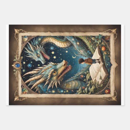 Een kind en draken in fantasiewereld inpakpapier vel (Voorkant)