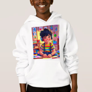 Een kind in een gestreept shirt en een koptelefoon