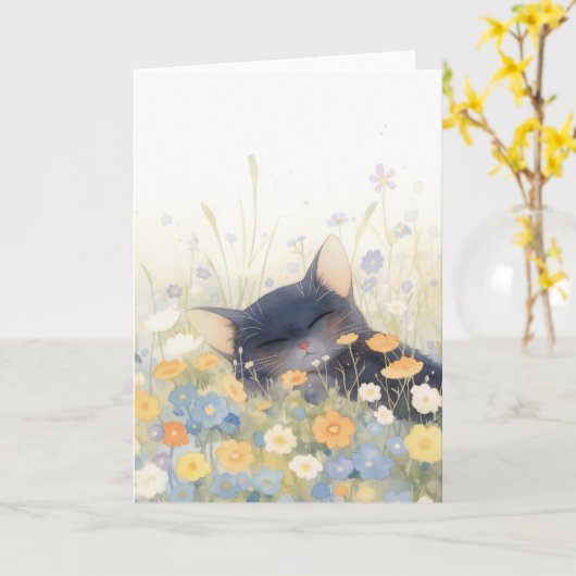 Een kitten bloemenbed kaart (Gele Bloem)