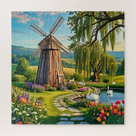 Een klassieke houten windmolen legpuzzel