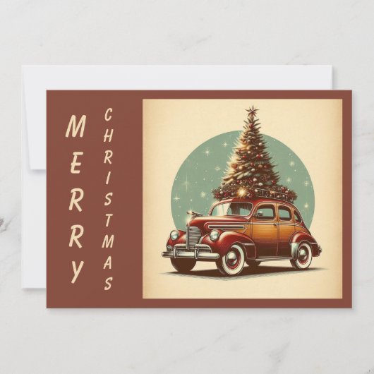 Een klassieke kerstboom en -auto feestdagenkaart (Voorkant)