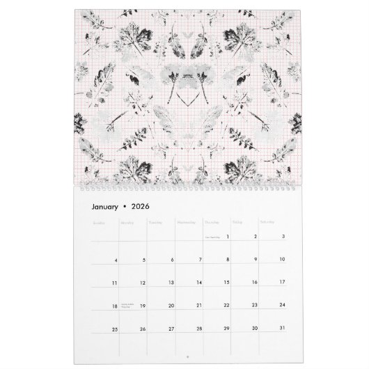 Een klassieke zwart-wit bloemen behang functie kalender (Jan 2026)