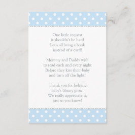 Een klein aanvraagboekje met blauw Baby shower Informatiekaartje