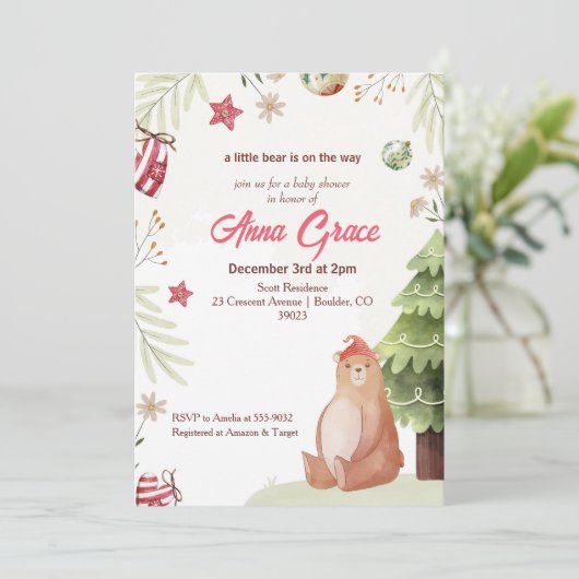 Een klein Beer Kerst Baby shower Kaart (Staand voorkant)