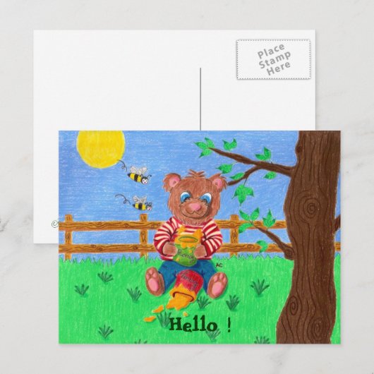 Een klein beer met honing, Hallo. Briefkaart (Voorkant / Achterkant)