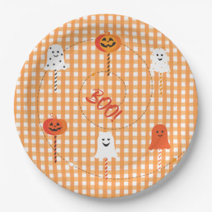Een klein Boo is te verwachten Oranje Gingham Gees Papieren Bordje