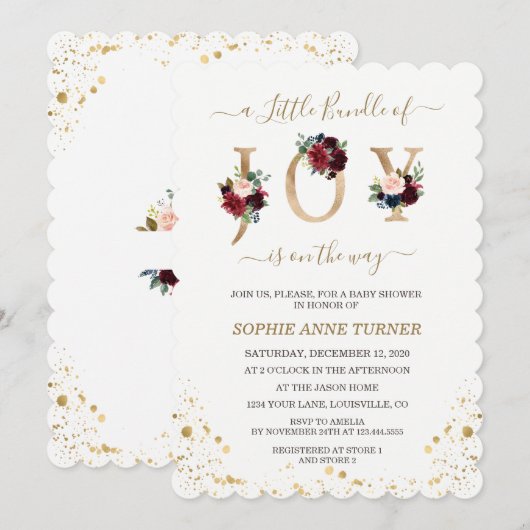 Een Klein Bundeltje Vreugde Burgundy Bloemige Baby Kaart (Voorkant / Achterkant)