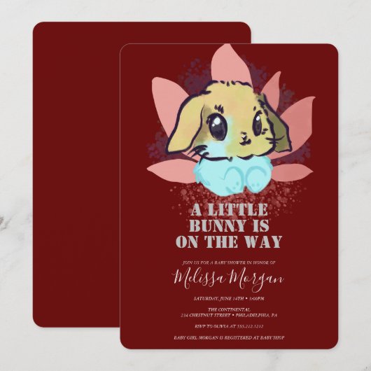 Een klein Bunny Cute Burgundy Baby shower Kaart (Voorkant / Achterkant)