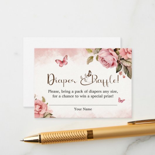 Een klein Butterfly Baby shower Diaper Raffle Informatiekaartje (Voorkant / Achterkant in situ)