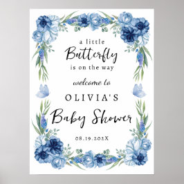 Een klein Butterfly Blue Floral Rustic Welcome Sig Poster