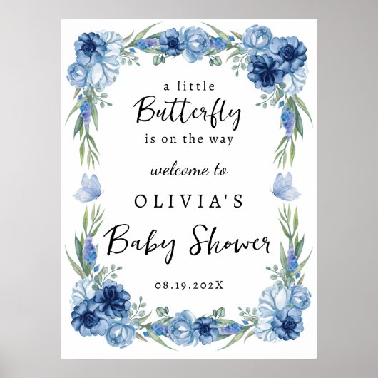Een klein Butterfly Blue Floral Rustic Welcome Sig Poster (Voorkant)