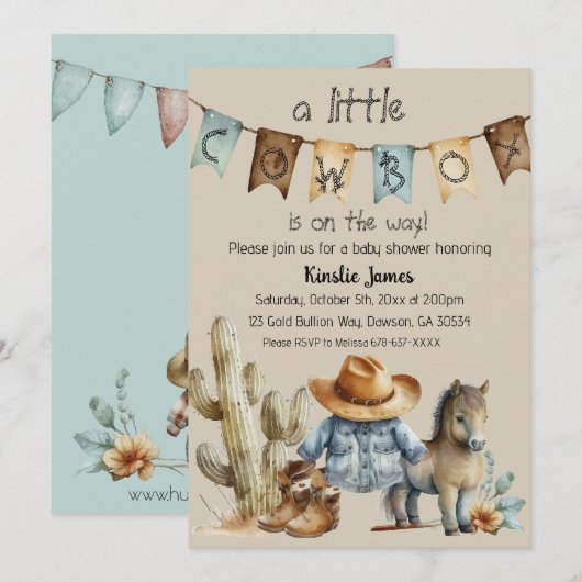 Een Klein Cowboy Komt Onderweg Baby Shower Uitnodi Kaart (Voorkant / Achterkant)
