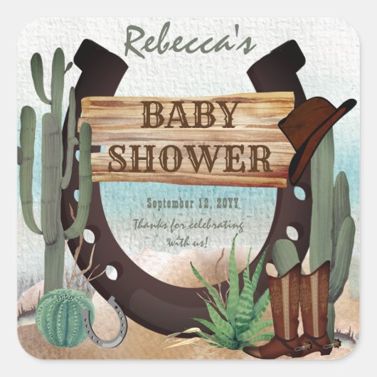 Een klein Cowboy Western Baby shower Vierkante Sticker (Voorkant)