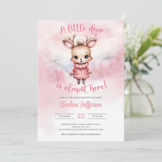 Een klein hertje is hier bijna roze winter kaart (Staand voorkant)